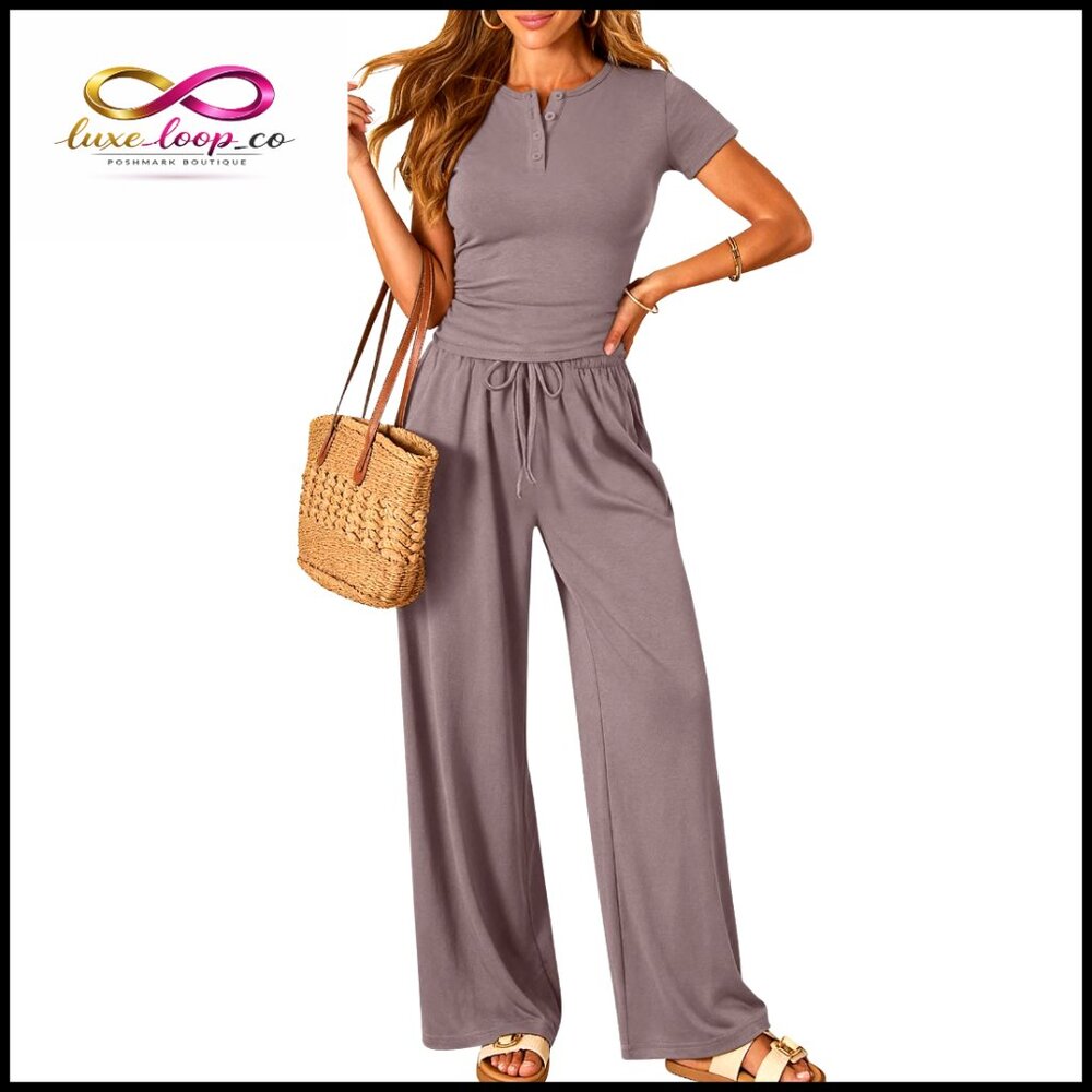 Rayon Spandex Lounge Set Wide Leg Pants Henley Top Medium